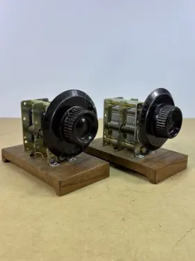 2963 Ak Lot Of 2 Vintage Ganged Air Variable Capacitor On Wooden Stand W Knob