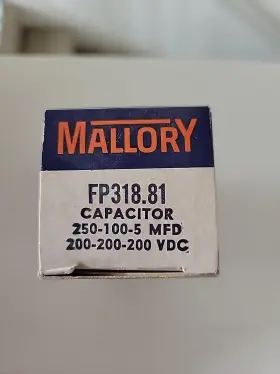 250-100-15 Mallory Fp318.81 Nos Electrolytic Capacitor Mfd 200-200-200 Vdc