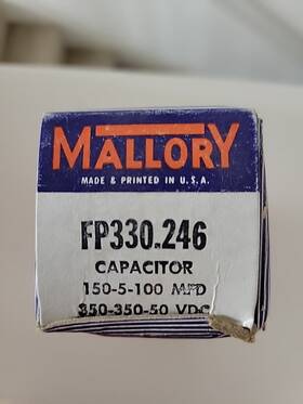 Mallory Fp330.246 Nos Electrolytic Capacitor 150-5-100 Mfd 350-350-50 Vdc