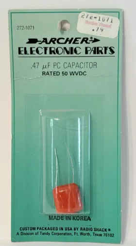 272-1071 Radioshack Archer Pc Capacitor .47 Uf Rated 50 Wvdc Nos