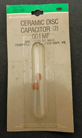 272-126 Radioshack Vintage Radio Shack- Archer Ceramic Disc Capacitor 2 .001 Mf 500 Vdc