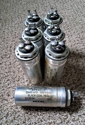 Vishay Sprague G-289550-25 Vintage Lot Of 7 Nos Electrolytic Can Capacitors 2x45 Mfd - 300 Vdc T