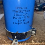 36,000 Uf 75 Vdc Capacitors; Cde Sangamo With Mounting Clamp Bracket Open. Price: $49.00.